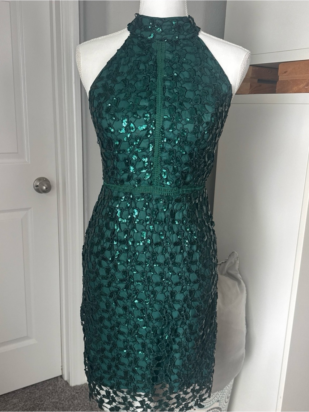 Boston Proper Emerald Green Sequin Lace Halter Mini Dress
